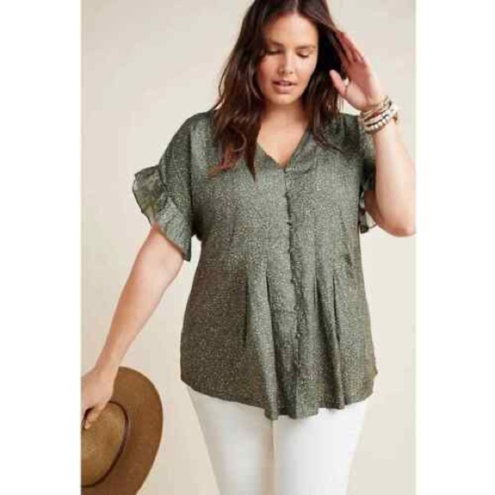 Anthropologie Dolan Mitzi green blouse ruffles bohemian button floral